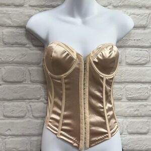 Silky Bustier Corset Top Size L Lace Up Beige Satin Feel Lingerie Boned Push Up